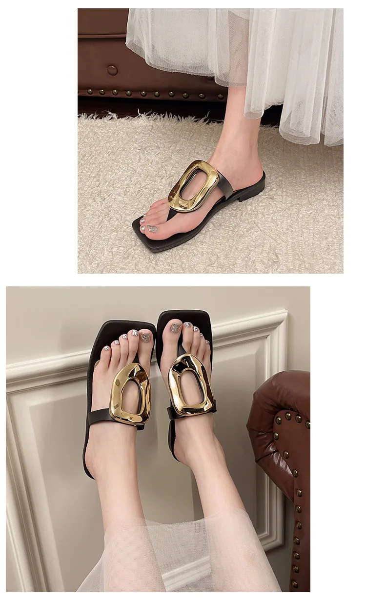 2026 Neue Damen-Flip-Flops mit eckiger offener Zehenpartie, einfarbig, vielseitig, mit Clip-Zehenriemen, flache Sandalen mit Metallschnalle für Damen – Detail 13