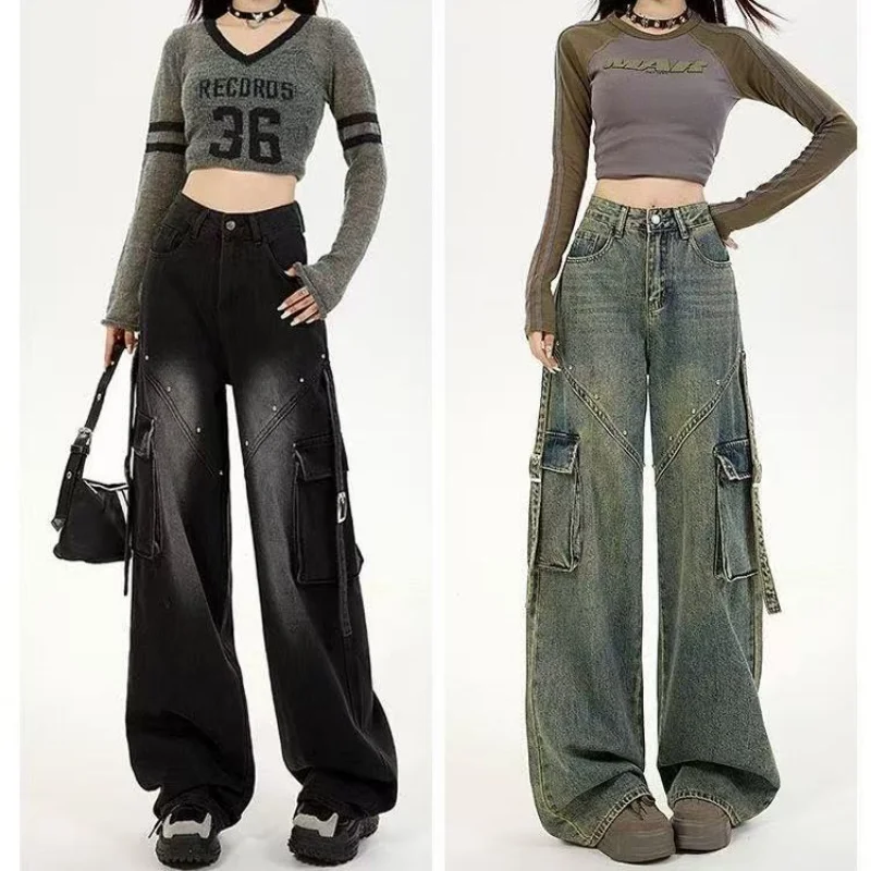 アメリカンブラックジーンズ女性の春と秋の新しいスタイルのデザインストレートルーズカジュアルで多用途なワイドレッグパンツ