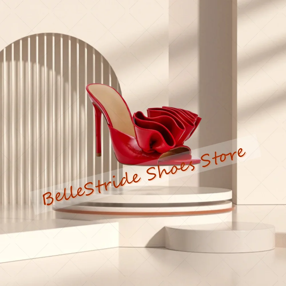 

Red Pointed Toe Ruffles Slippers Matte Leather Women Shoes Stilettos High Heels Party Banquet Dating 2025 Zapatos Para Mujere