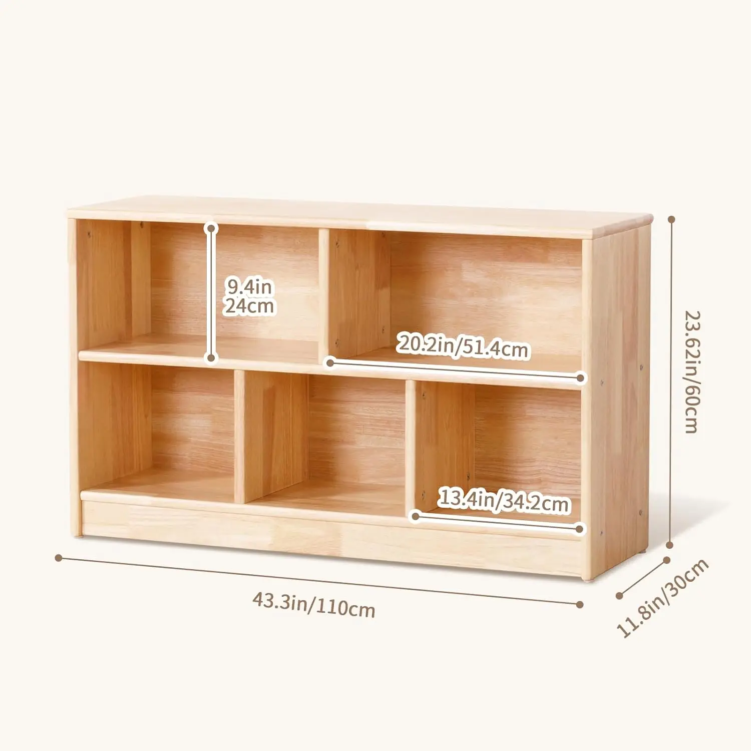 5-Compartment Montessori Shelf, 43.3" L, 2-Tier Toy Organizers and Storage, Wooden Storage Cabinet for Kids Room, Pl