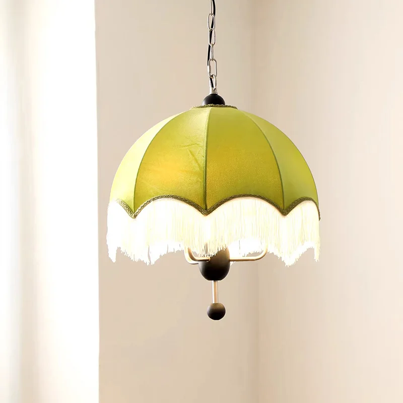French Medieval Style Green Velvet Tassel E27 Pendant Lights Retro Pattern Fabric Dining Room Chandelier Bedroom Hanging Lamps