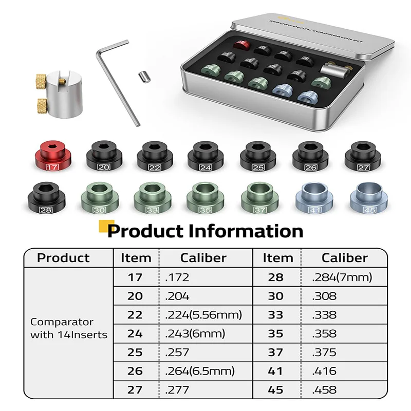 Kit Pembanding Jarak Kepala dan Jarak Duduk CVLIFE, 14 Insert dan 6 Bushing, Alat Pengisian Ulang Amunisi Aluminium dengan Kotak Timah, Pengukur Presisi