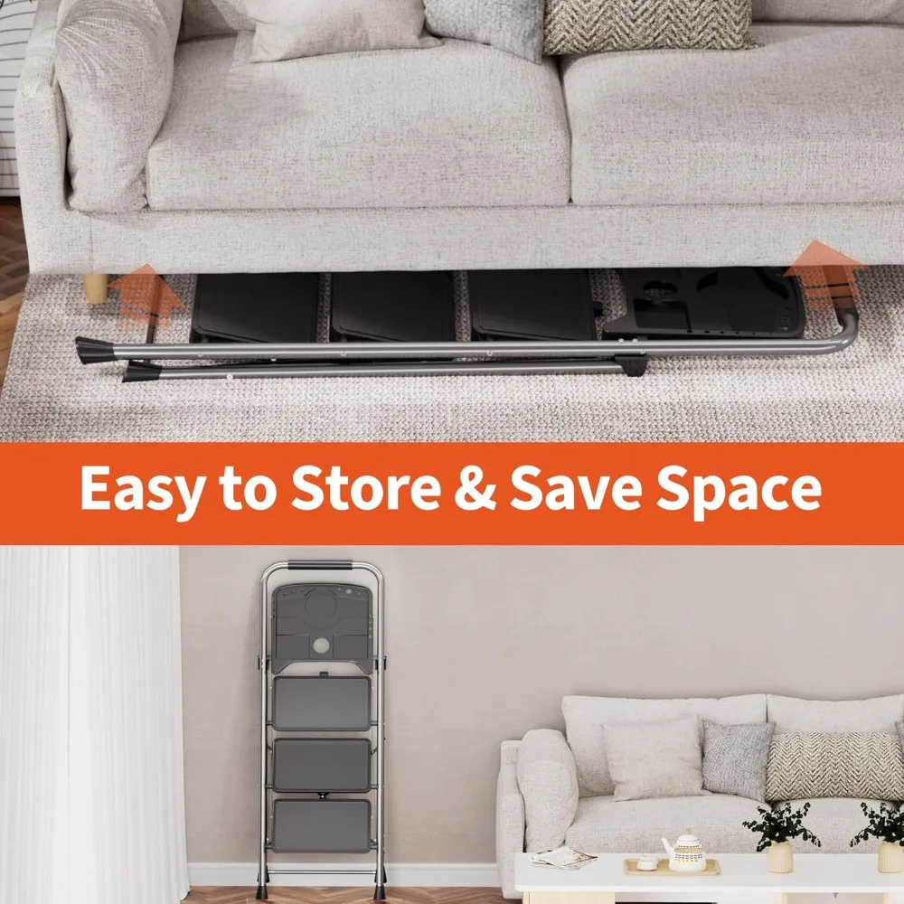 Drabina składana 3-stopniowa z tacką na narzędzia, stalowy stołek o udźwigu 272 kg, antypoślizgowe pedały do domu i biura