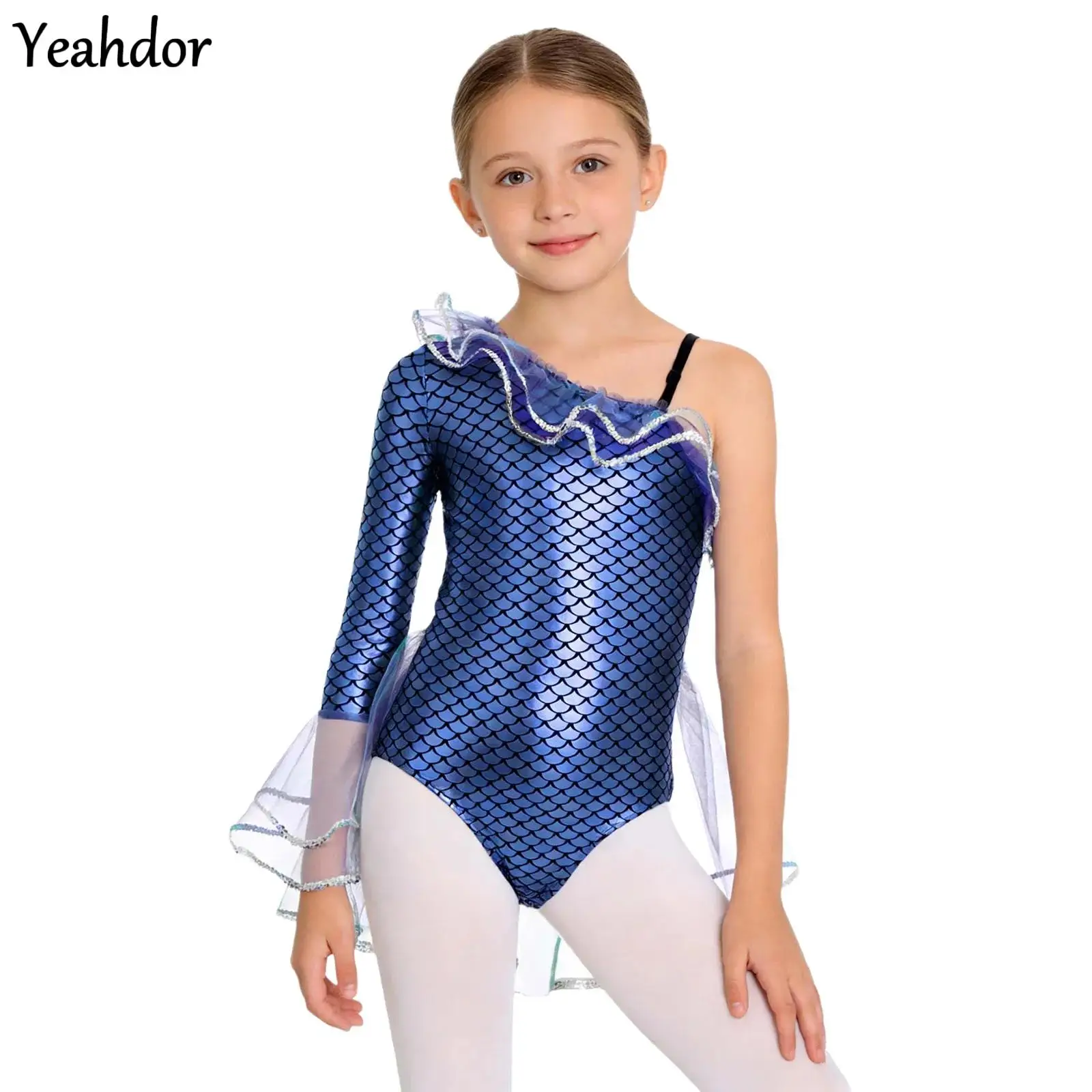 

Girls Halloween Mermaid Cosplay Jumpsuit Metallic Fish Scale Print Leotard Bodysuit One Shoulder Sleeve Ruffled Mesh Tutu Skirts