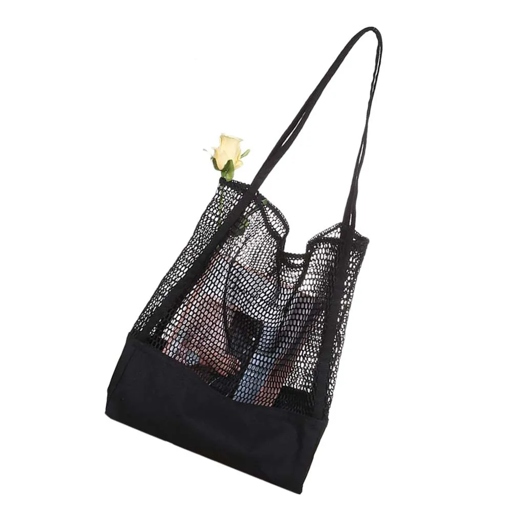 حقيبة تسوق شبكية سوداء قابلة لإعادة الاستخدام وقابلة للغسل من النايلون بسعة كبيرة وقابلة للتوسيع على الشاطئ وحقيبة يد شبكية