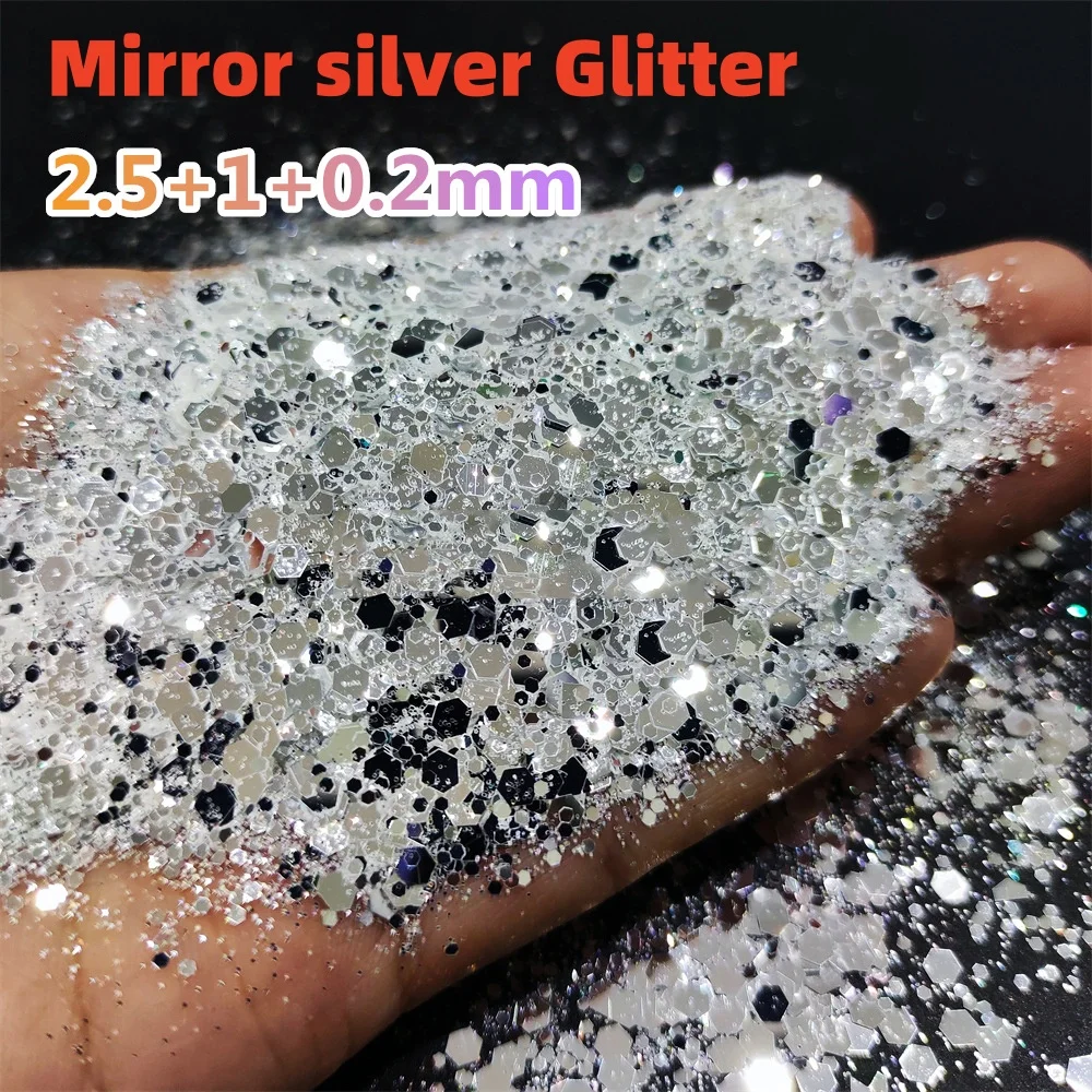 Holographic Mirror Silver Chunky Glitter, Nail Glitter, 1.76oz/50g Metallic PET Flake Mixed Fine Powder Iridescent DIY Decor