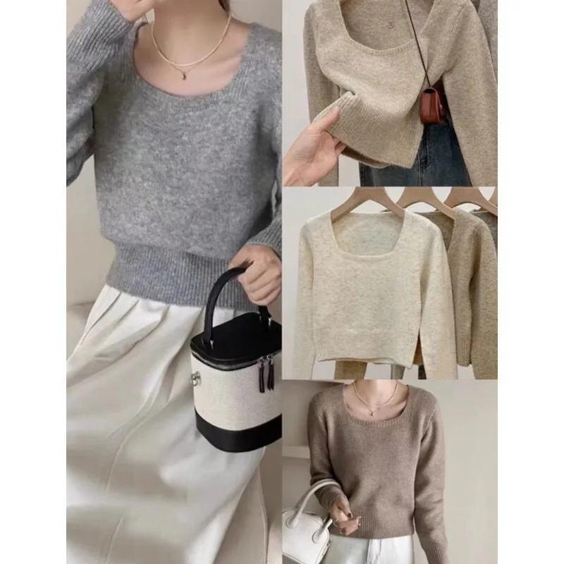 Square Collar Sweater Women Street Casual Chic Soft Short Knit Pullover Female Autumn Winter Long Sleeves Solid Knitwears Lady