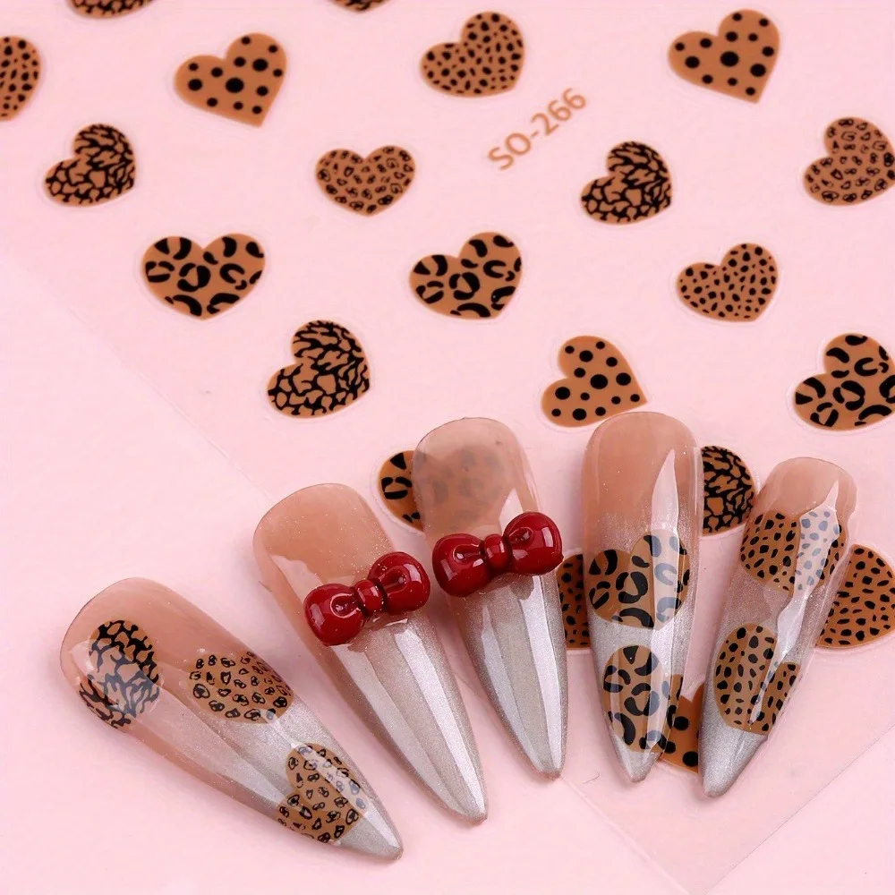 1PC Black & Brown Self-Adhesive 3D Heart Leopard Nail Stickers for Nail Decoration