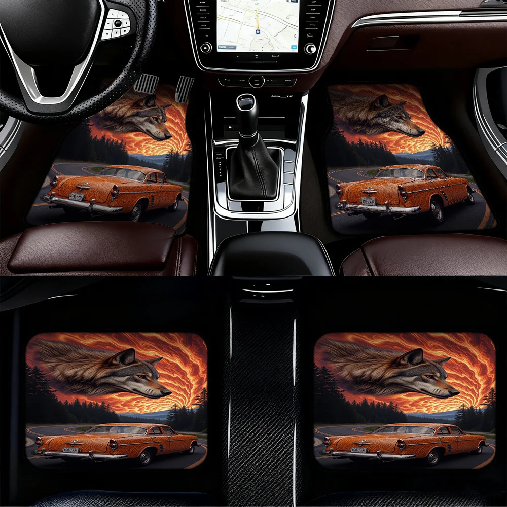 4pcs Car Floor Mats Presenting Vintage Car Wolf Forest Design, Compatible With Minivans Or Hatchbacks, Offering Easy Maintenance