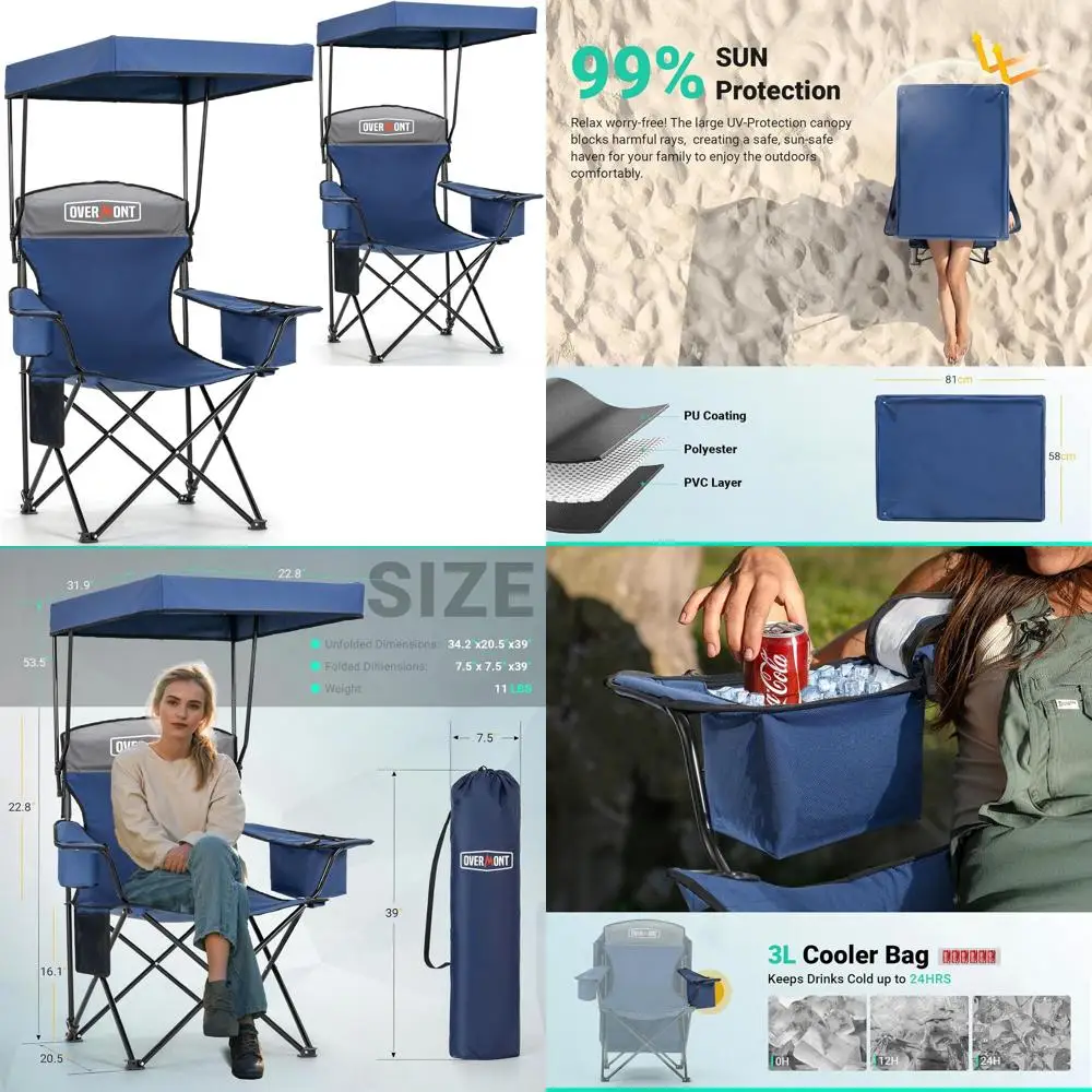 

Oversized High-Back Folding Beach Chairs with Canopy, Cooler Bag, and Cup Holder - Portable Outdoor Lawn Chairs for Travel, Spor