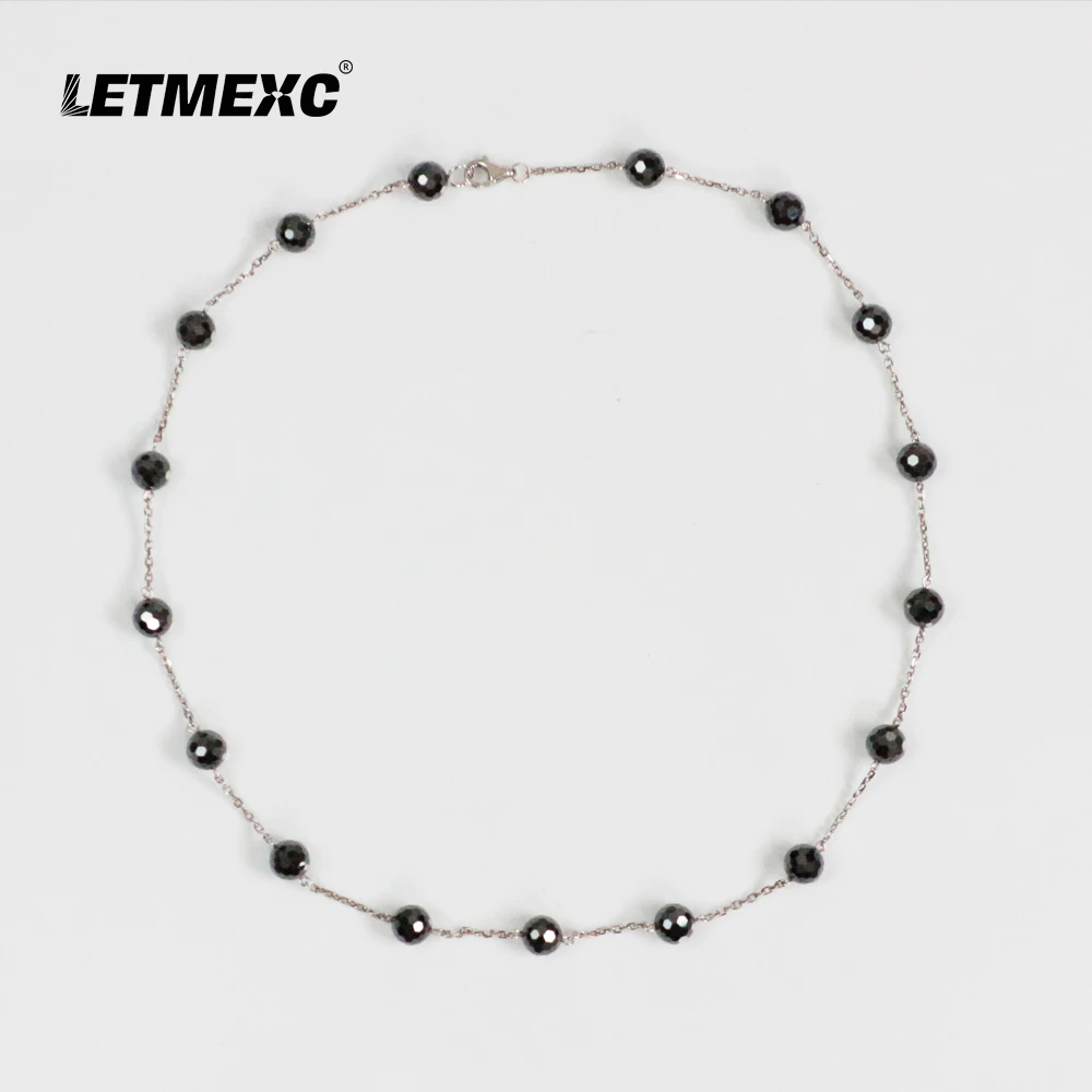 

LETMEXC 18-каратное белое золото 6 мм, черный муассанит, круглая бусина с бриллиантами, модное классическое ожерелье, пройден тест на алмазную ручку