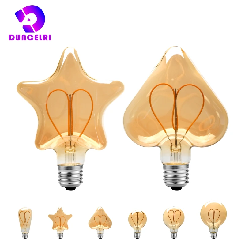 Dimmable 4W E27 Retro Edison LED Heart Filament Light Bulb Warm White 2200K 220V ST64 G80 G95 G125 Vintage Home Decoration Lamp