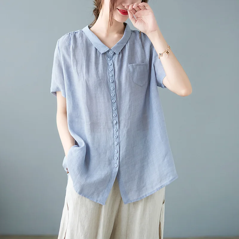 

Summer New Women's Retro Solid Color Collar Shirts 2026 Women's Fashion Button Short Sleeve Pocket Casual Office Shirt Blouse