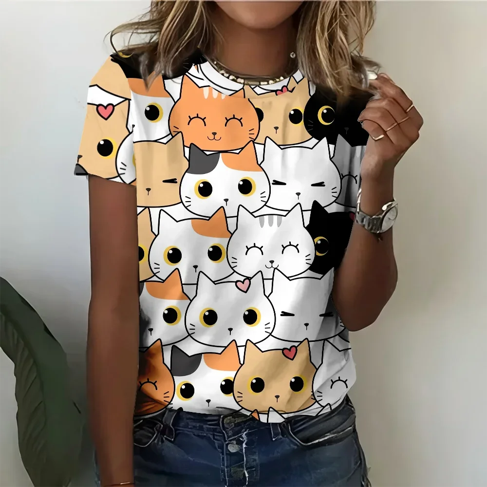 

Plus Size Women's T-shirt 3D Cat Print Clothing Crew Neck Fashion Short Sleeve Elegant Casual Top Loose T-shirt Women's Clothing