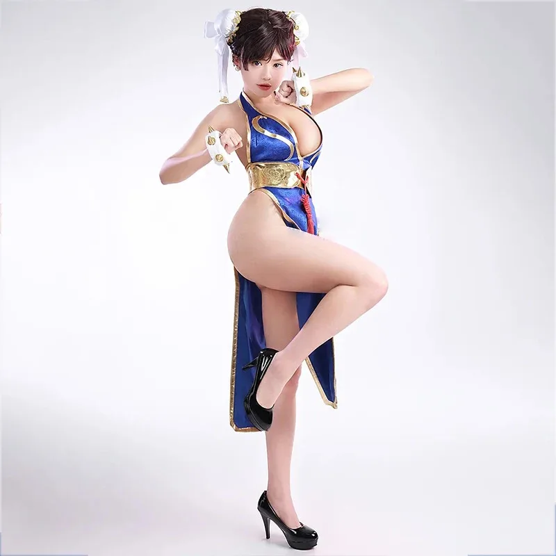 

Chun Li костюмы для косплея Cheongsam Game Street Fighter ролевые игры синее платье и парик Хэллоуин карнавальный наряд для женщин и девочек tu