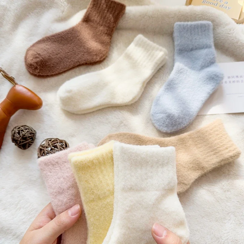 4 Pairs Winter Autumn Color Solid Thick Warm Brushed Kids Girls Half Socks Comfortable Cozy Sweet Cute Soft Sock for Children