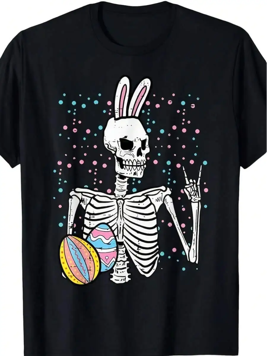 Mens Black T Shirt Skeleton Bunny Rabbit Ears Easter Eggs Graphic Print For Holiday Party Wear 100% Cotton Trendy Y2K