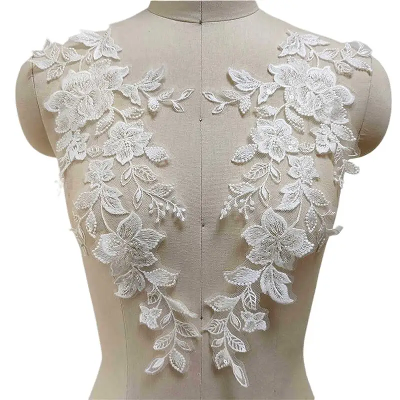2 Stück, aufnähbare Spitzenapplikationen, weißer Spitzenstoff, 3D-Blumen, Quasten, Perlen, Strasssteine, bestickte Applikationen für Brautkleider, zum Selbermachen, zur Dekoration. – Detail 6