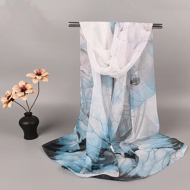 Fashion Spring Summer Women Floral Printing Beach Silk Scarf Shawls Female Long Wraps Beach Sunscreen Hijab Lotus Pattern - view 4