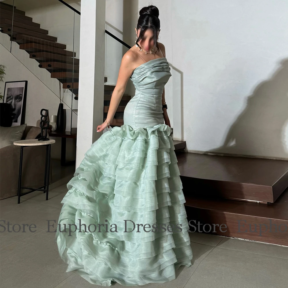 فساتين الحفلات الرسمية التفتا ألف خط فستان العودة للوطن النعناع بدون حمالات طبقات الطية الكشكشة فساتين حفلات أعياد الميلاد 2025 طويلة