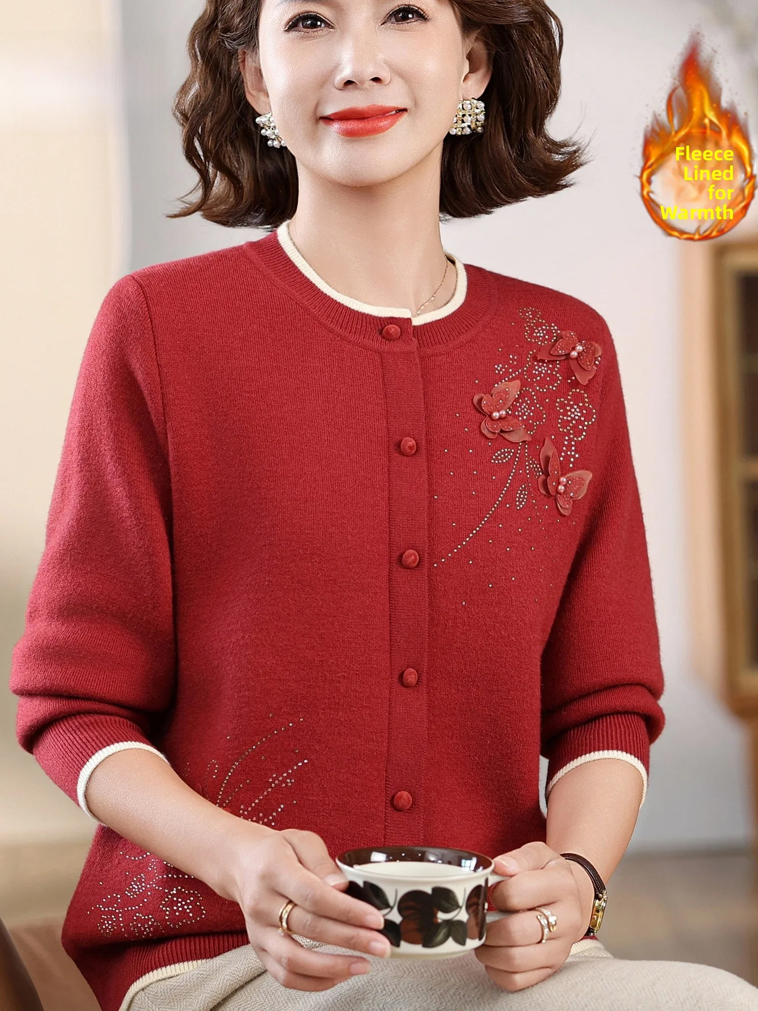 

Теплый вязаный свитер на подкладке, круглый топ с вышивкой для мам среднего возраста, модный длинный топ-стойка для женщин...