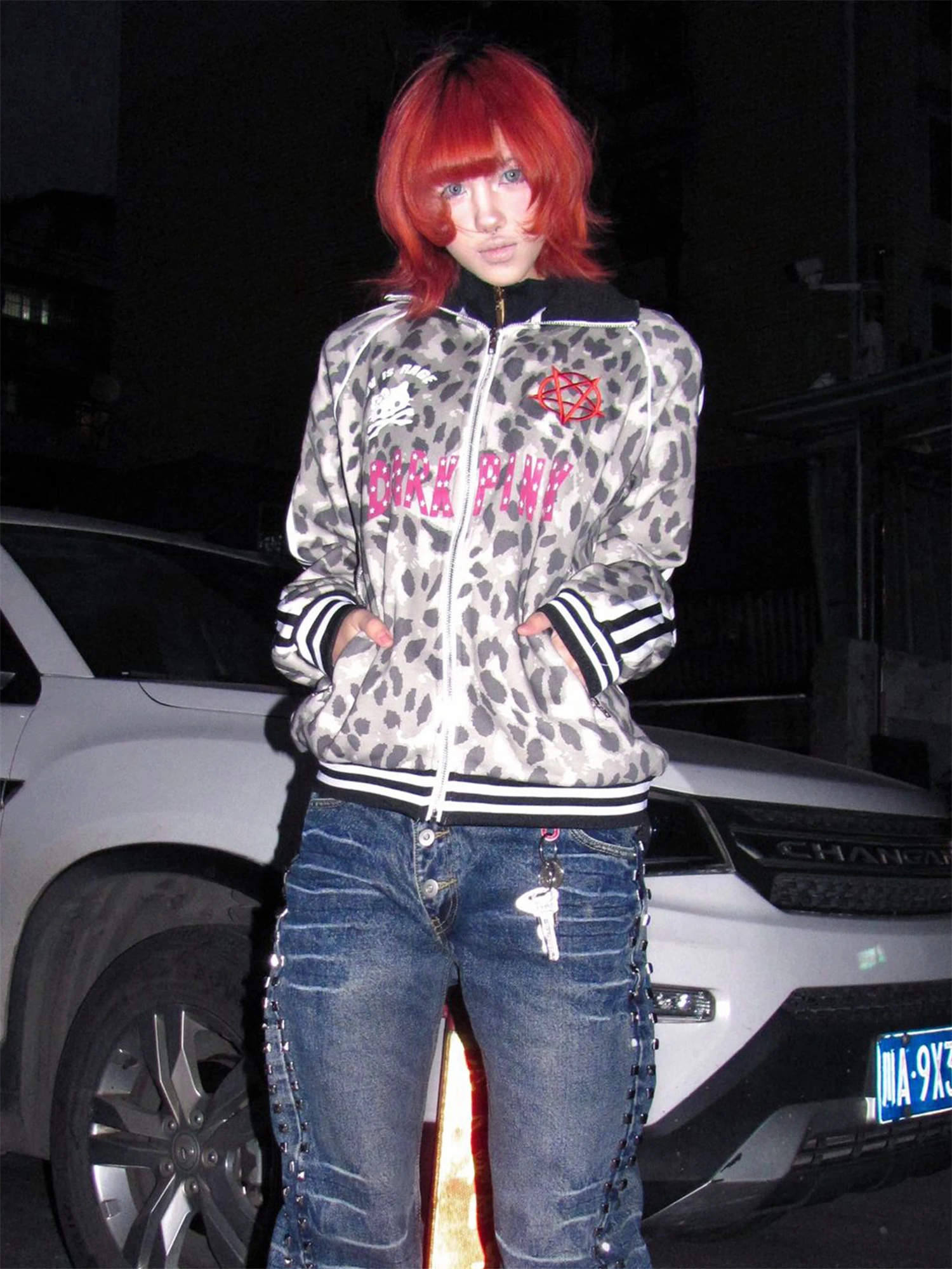 

Women's Leopard Print Zip-up Sweatshirt Black White Stripe Trim Pink Letter Graphic Edgy Streetwear Casual Fashion Top 2025