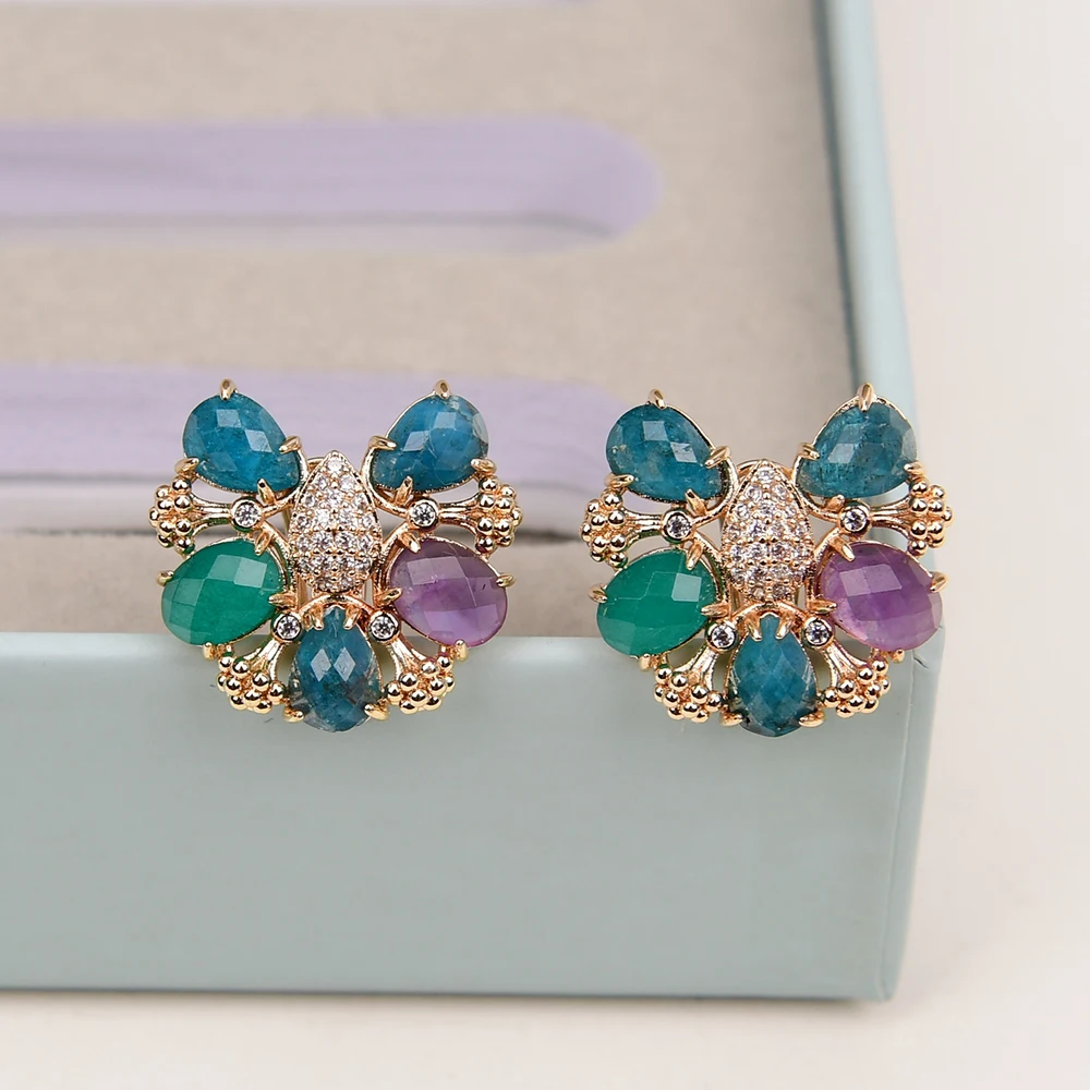 

Mix Color Stone Natural Amethsyt Apatite Jade Gold Plated Stud Earrings CZ Zircon Paved Butterfly Ear clip