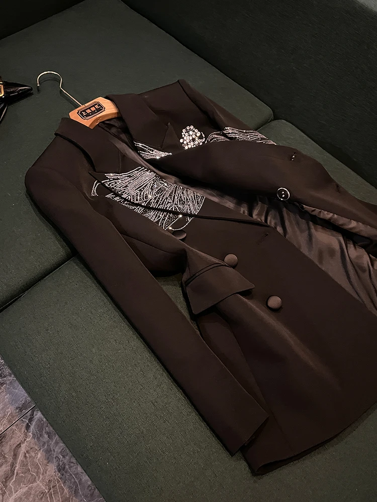 Ele Lady's Long Sve Suit Jaet Heavy Embelliment Dragoy Strass Design Pendeln Sle Loose Fit Busin Wear