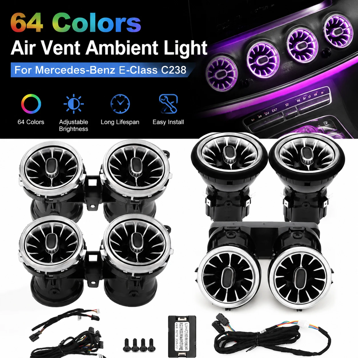 Für Mercedes Benz C238 W238 E-Klasse Coupé LED-Ambientebeleuchtung 64 Farben Luftauslass-Dekoration Atmosphärenbeleuchtung Auto-Zubehör