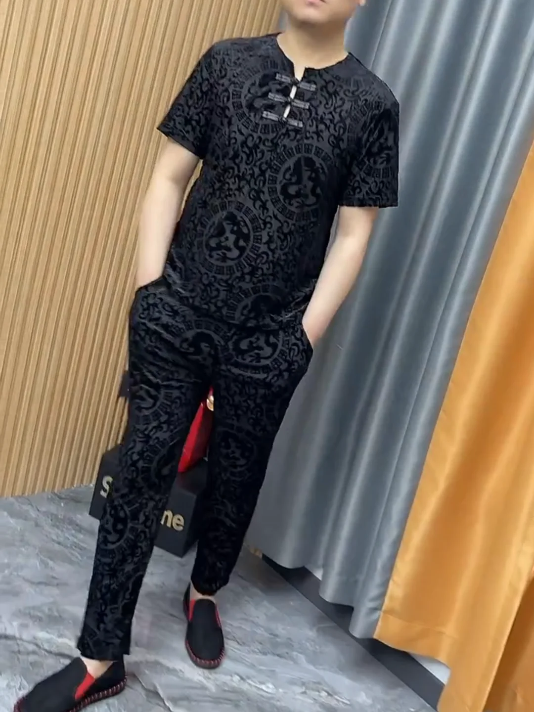 new-summer-men's-two-piece-set-comfortable-ethnic-sle-button-design-trendy-and-versatile-casual-wear-for-youth