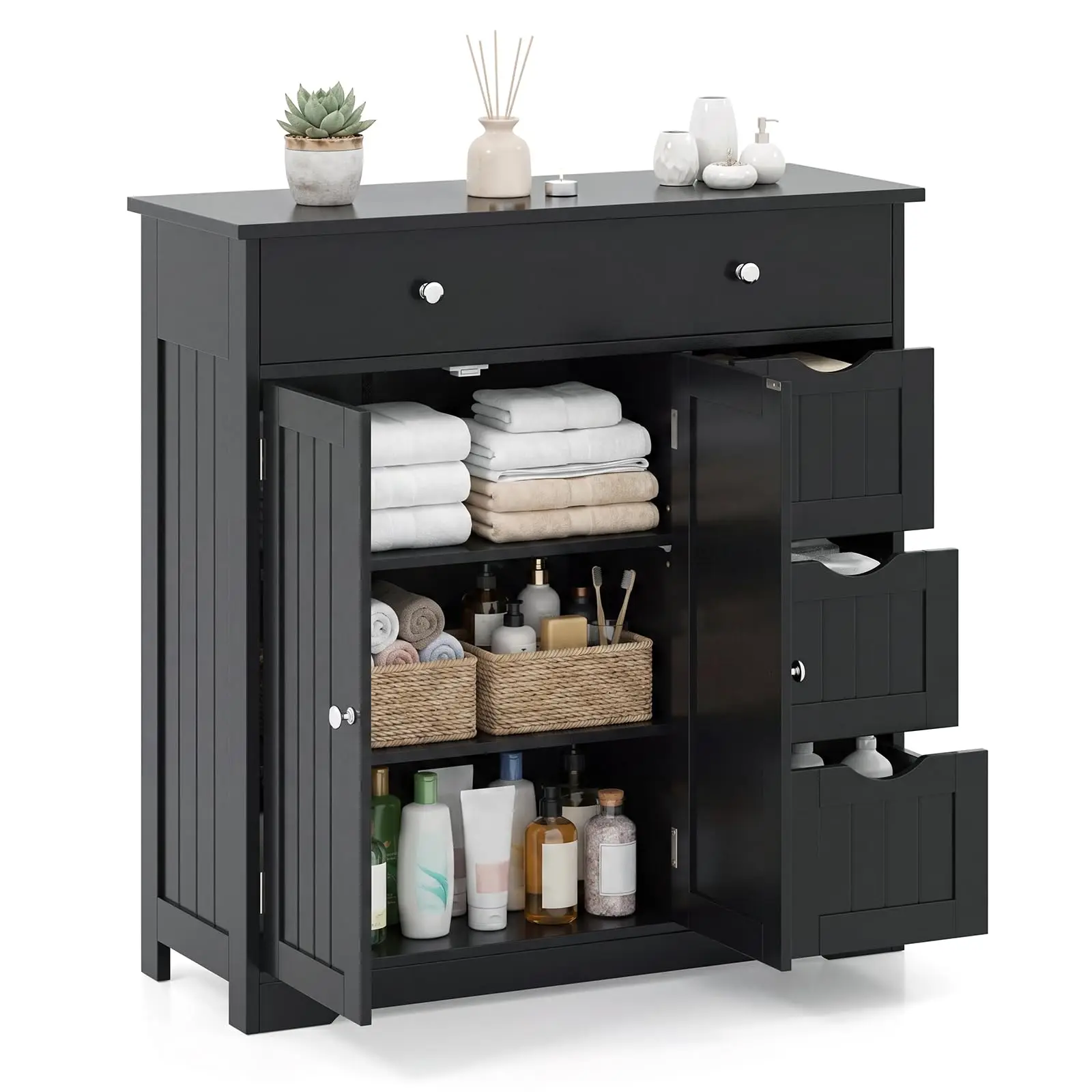 Bathroom Floor Cabinet, 4 Ders, 2 Do Cabinet (Black)