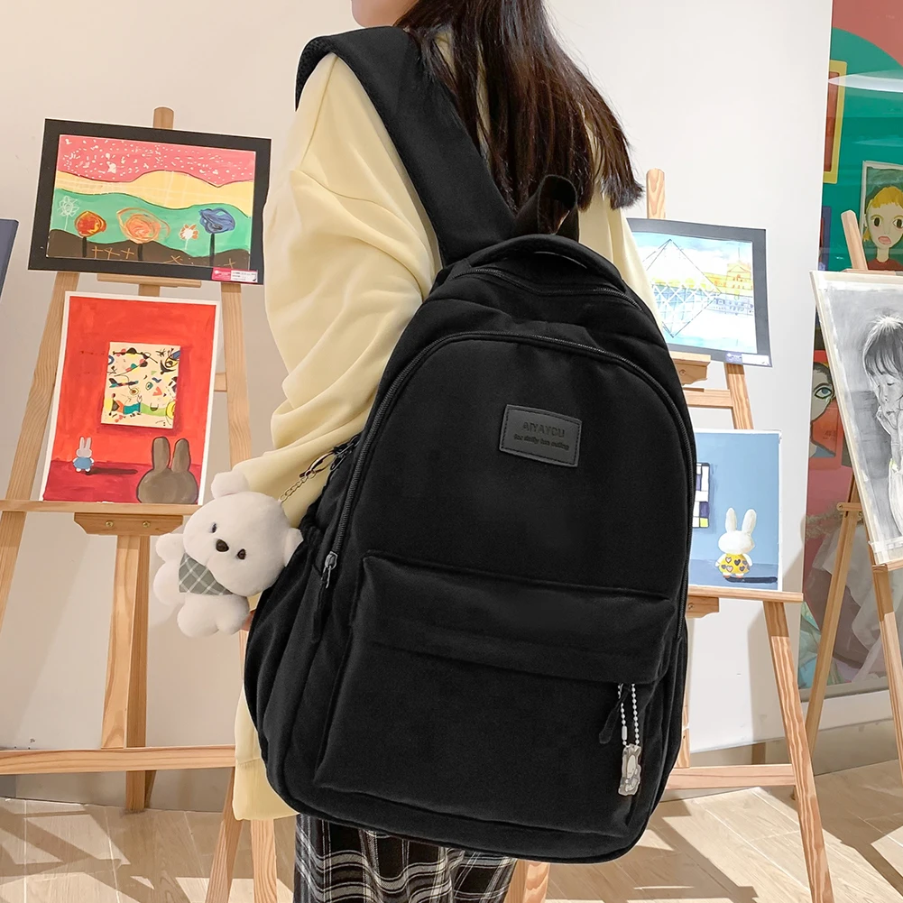 Fashion Laptop Backpack Large Capacity College Student Rucksack W/ Cute Pendant Simple Adjustable Strap Schoolbag For Teens Girl