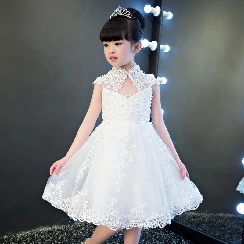 

Glizt Girls Sequin Wedding Dresses High Collar White Tulle Princess Birthday Dress First Communion Gown for Girls