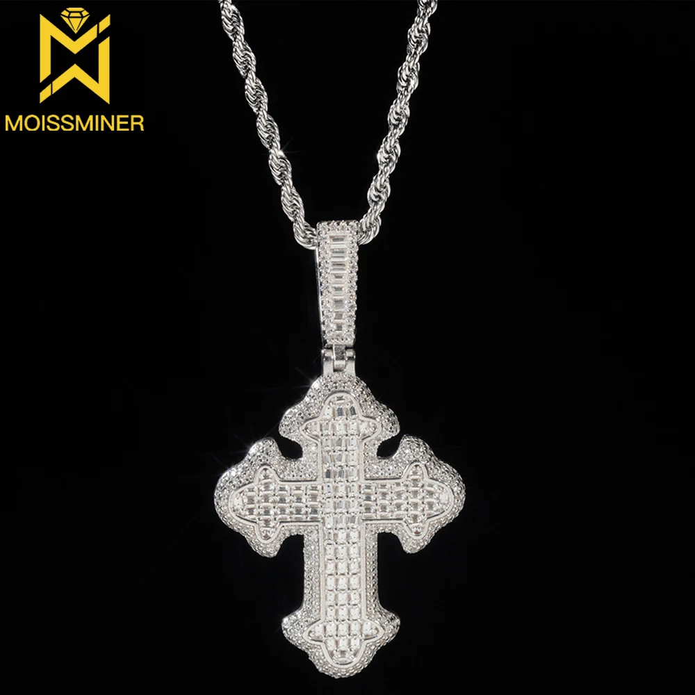 

Baguettes Cross Pendant VVS Moissanite S925 Silver Iced Out for Men Women Hip Hop Jewelry Pass Diamonds Tester With GRA