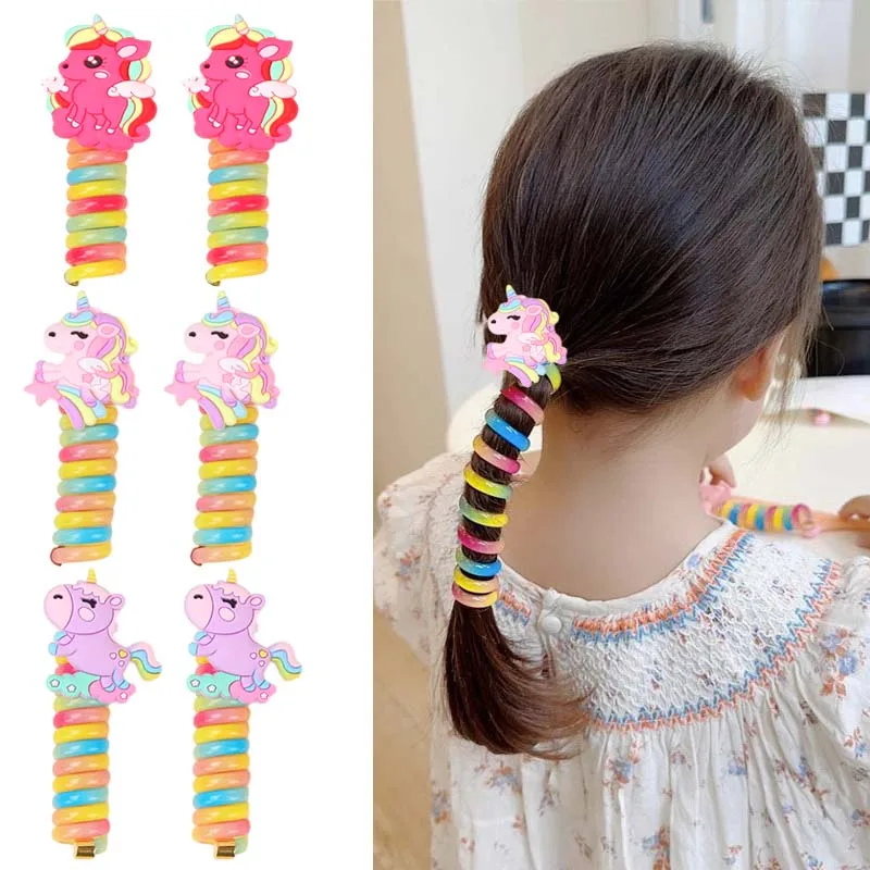 ncmama 2Pcs Girls Elastic Rubber Bands Cartoon Unicorn Telephone Wire Hair Tie Hairband Hair Rope Girl Ponytail Hair Accessories