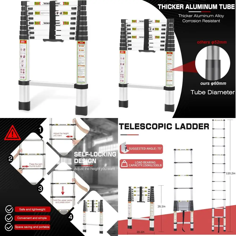 

телескопическая алюминиевая лестница для автофургонов, чердаков и крышей — вместимость 8,5 футов, 330 фунтов, двойные предохранительные замки.