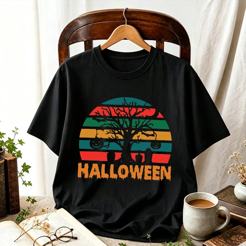 Retro Halloween T-Shirt Women Vintage Sunset Pumpkin Spooky Tree Graphic Tees Cotton Short Sleeve Casual Loose Summer Fall Tops
