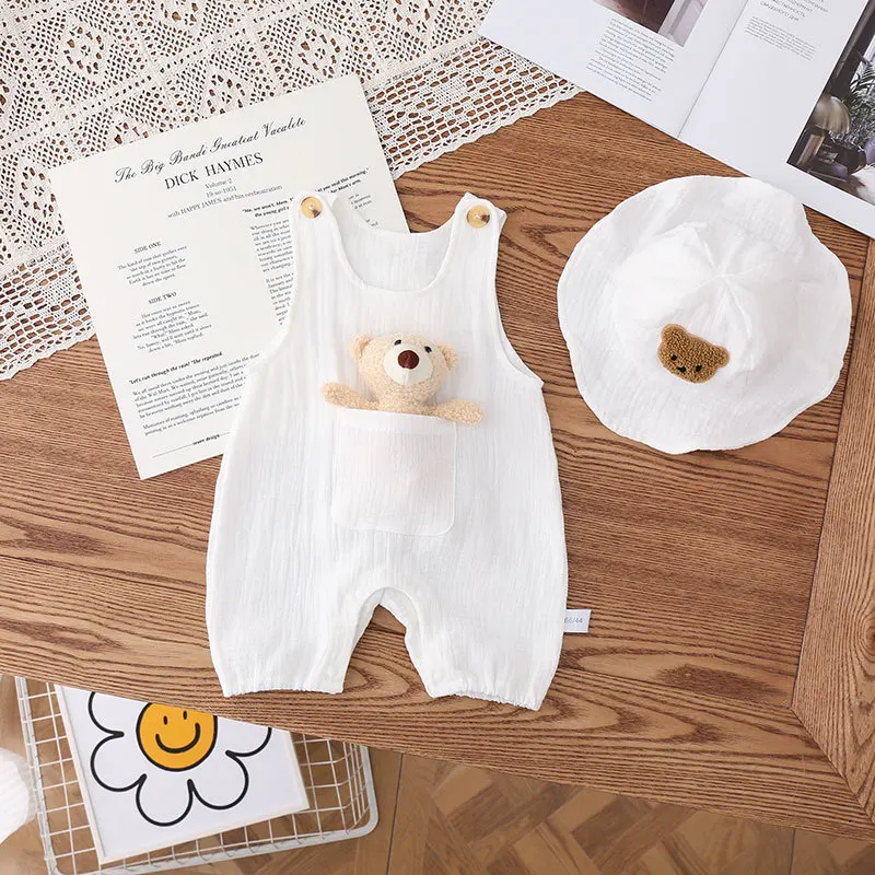 2024 Summer Solid White Breathable Linen Infant Baby Overall Rompers with Doll and Hat 3pcs Unisex Baby Sunscreen Jumpsuits