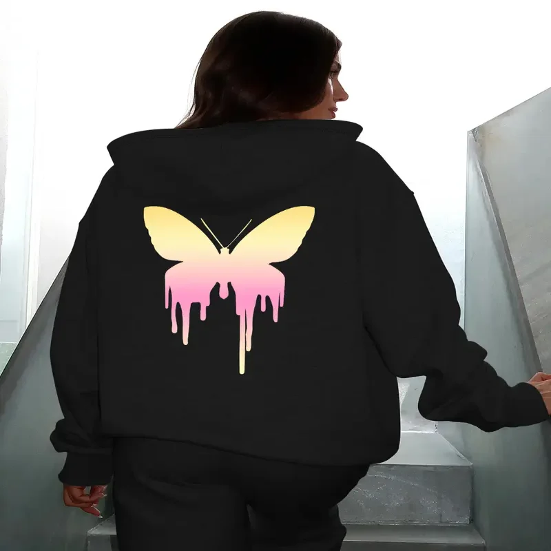 

Женский повседневный пуловер с капюшоном и длинным рукавом с графическим принтом и бабочкой, капюшон на шнурке, осень-зима, комфортный дизайн с капающей краской
