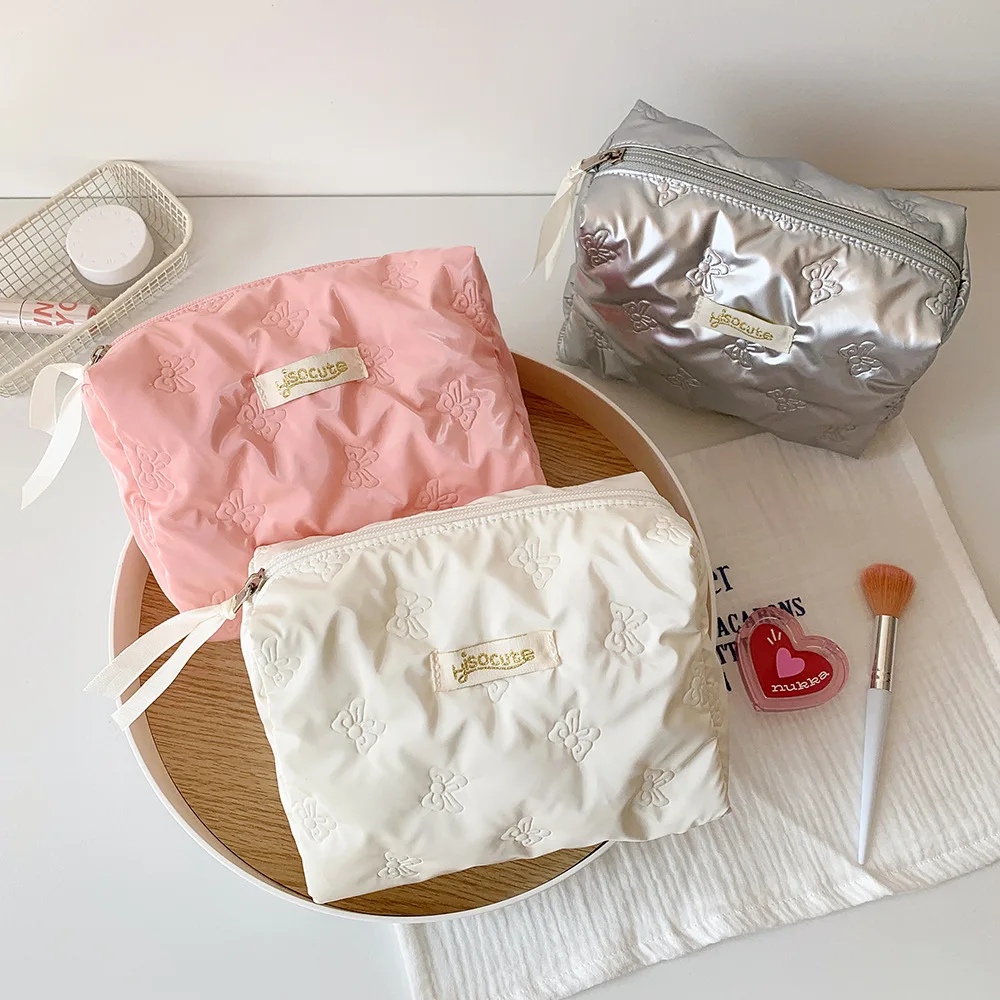 

Compact Travel Makeup Bag Desktop Organizer Bow Zipper Cosmetic Pouch for Beauty School College Portable Toiletries Storage Bag