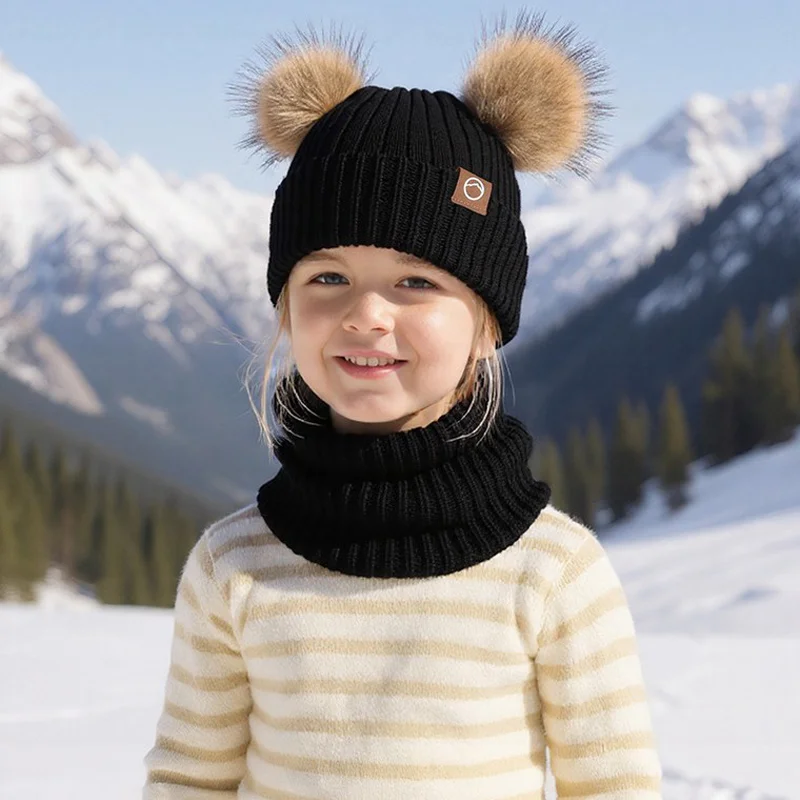 Set Tiga Potong Musim Dingin 2025 Topi Beanie Anak Rajut Bulu Tebal Hangat Syal Leher Sarung Tangan Set Untuk Bermain Olahraga Luar Ruangan