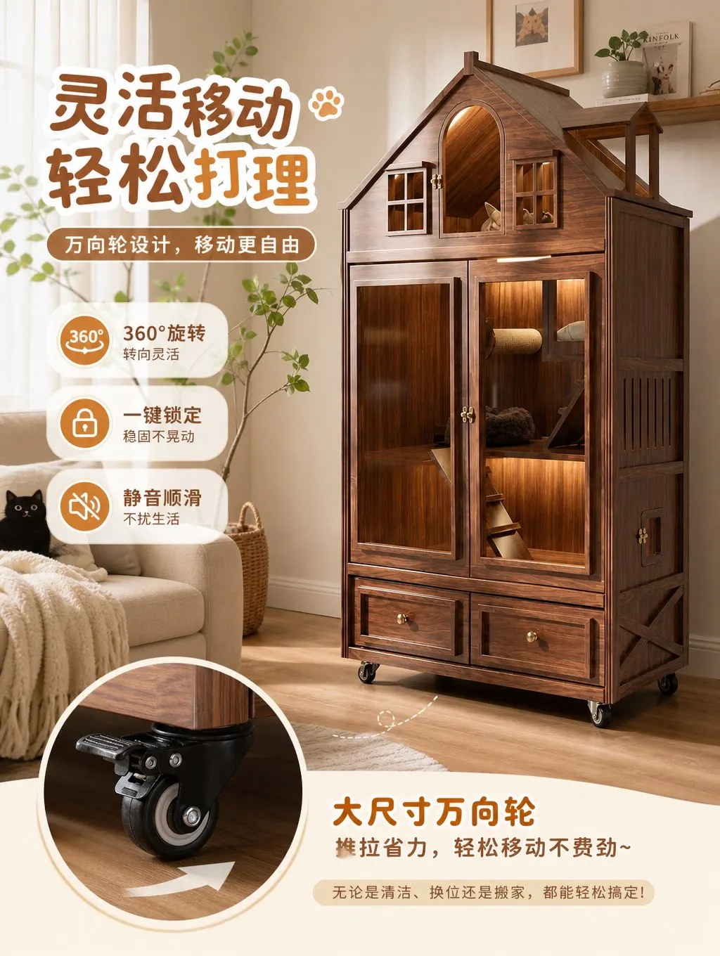 Pure solid wood large space smart cat villa four seasons universal cat cabinet cat nest with toilet