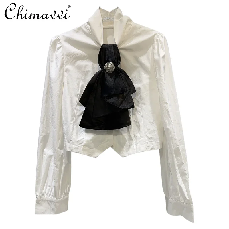 2024 Autumn New French Fashion Metal Bow Tie Solid Color Temperament Shirt Loose Long Sleeve Versatile Casual Blouse Women