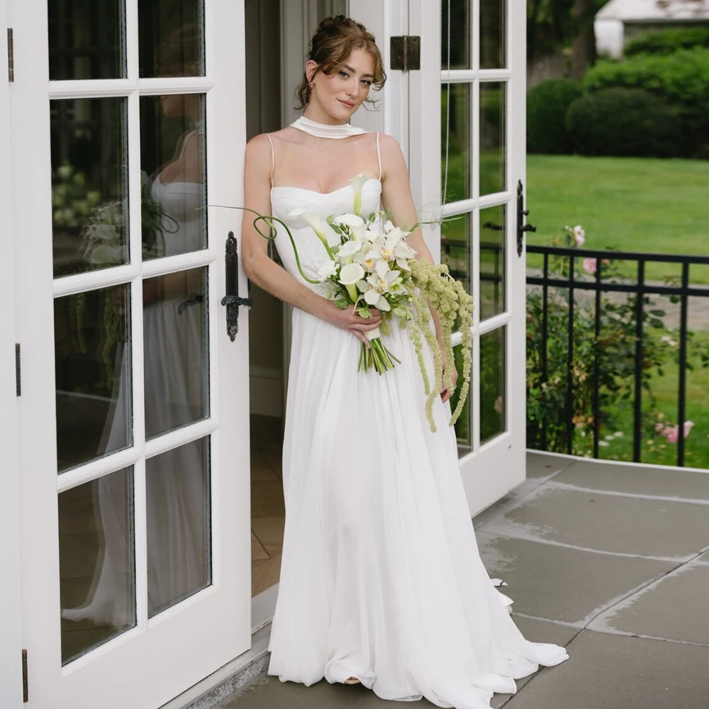 Customized Spaghetti Strap Boho Wedding Dress 2026 Sweetheart A Line Chiffon Bridal Gown Courthouse vestidos de novia with Scarf