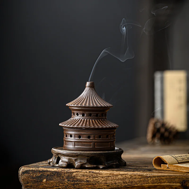 Vintage Ceramic Temple of Heaven Incense Burner with Stamp Zen Home Decor for Coil Cone Stick Aromatherapy Gift