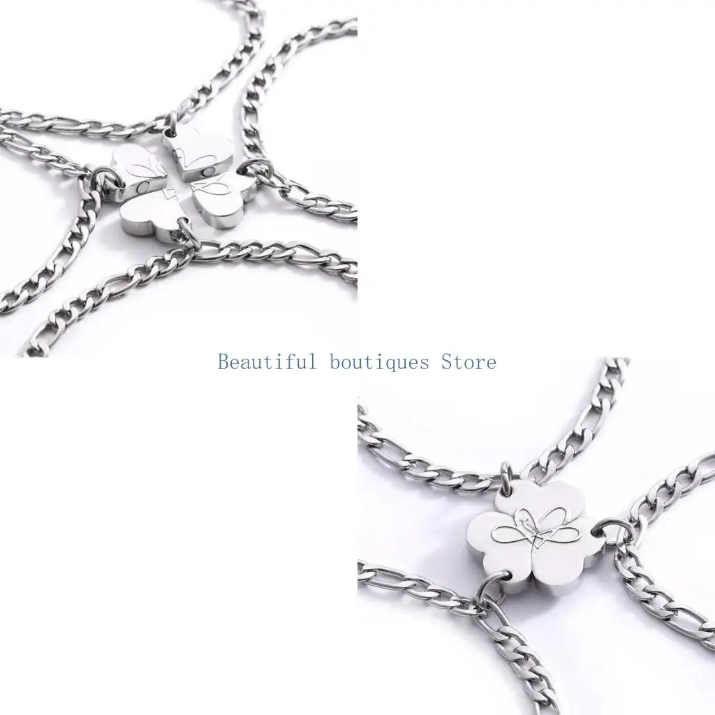 U4LF 3/4Pcs Clover Pattern Wristband Matchhing Magnet Heart Pendant Bracelet Jewelry