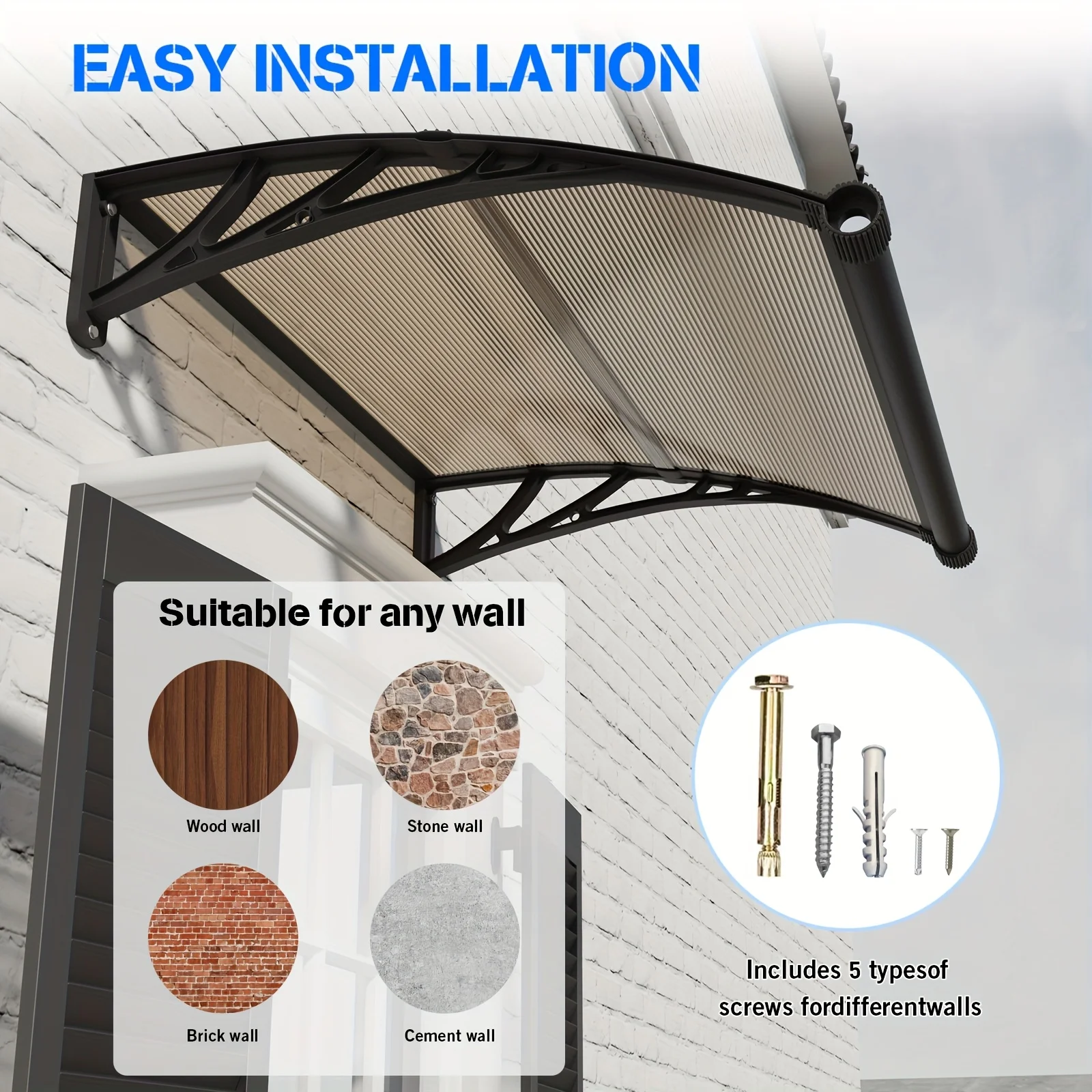32/40/48/60/80 Inches Window Awning Door Canopy Exterior with Separate Drainage Gutter for Patio Yard Rain UV Overhang Awnings