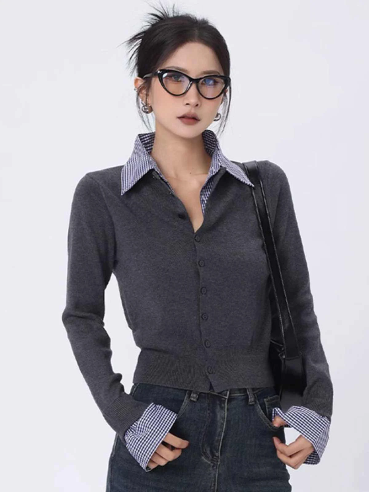 

Женский вязаный свитер с воротником в клетку, пальто, облегающая верхняя одежда, искусственный топ из двух предметов, топ Ci Walk Long Sve