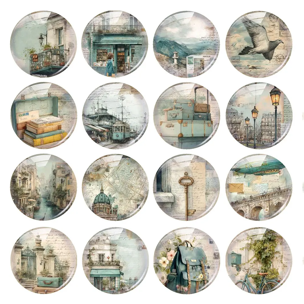 Random Mixed Round/Oval/Square European Vintage Travel Letter Photo Glass Cabochon Flatback Demo Cameo For Diy Jewelry Making