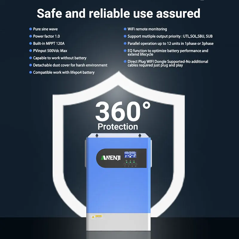 6.2KW 48V Off-Grid Solar Inverter 12 Units Parallel Pure Sine Wave Built-in MPPT 120A & WiFi 500V PV Input for PV System